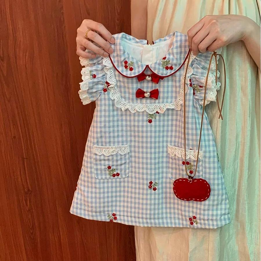 Girl's Summer Plaid Vic Dress 2025 Girl's Bow Cartoon Embroidery Lace Stylish Fashion Princess Dress