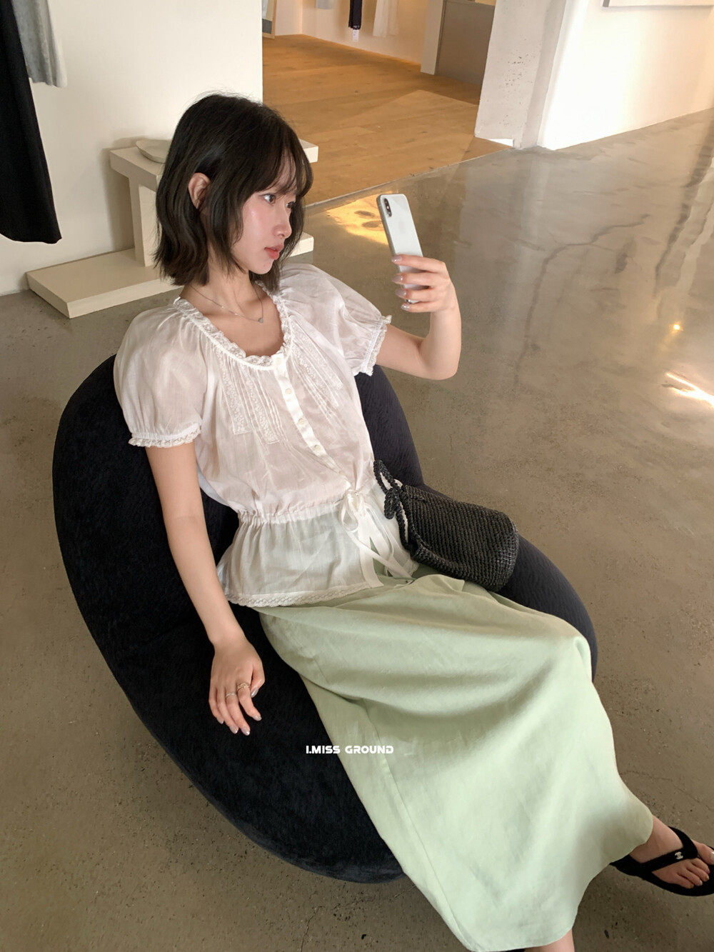 Áo sơ mi nữ tay bồng ren cotton linen thắt eo 2026 — Xanh nước biển, màu trắng, Bột cam chi tiết 4