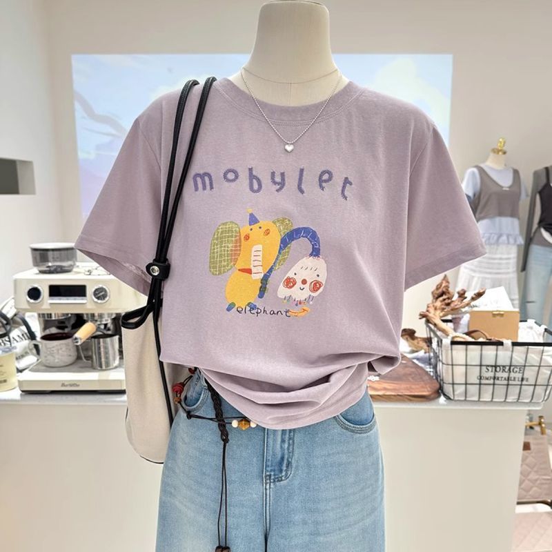 夏の新しいスタイルのルーズでスリムな半袖韓国スタイルの多用途漫画年齢軽減プリントボトムシャツ薄いTシャツレディーストップ|undefined