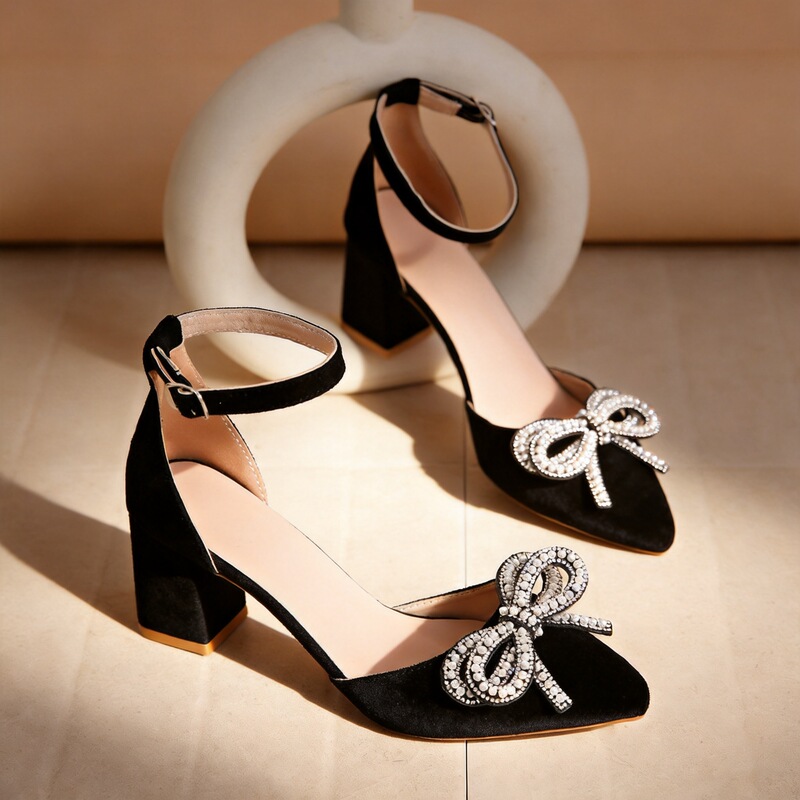 Sexy pointed-toe high-heeled fashion versatile outdoor rhinestone sandals, new style with bow and hollowed-out design for women Sexy pointed-toe high-heeled fashion versatile outdoor rhinestone sandals, new style with bow and hollowed-out design for women