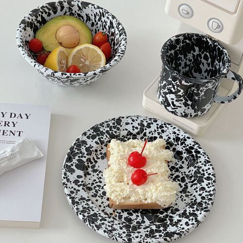 Retro enameled splashed ink tableware Korean Instagram style breakfast bread plate yogurt grain bowl mugs cup set