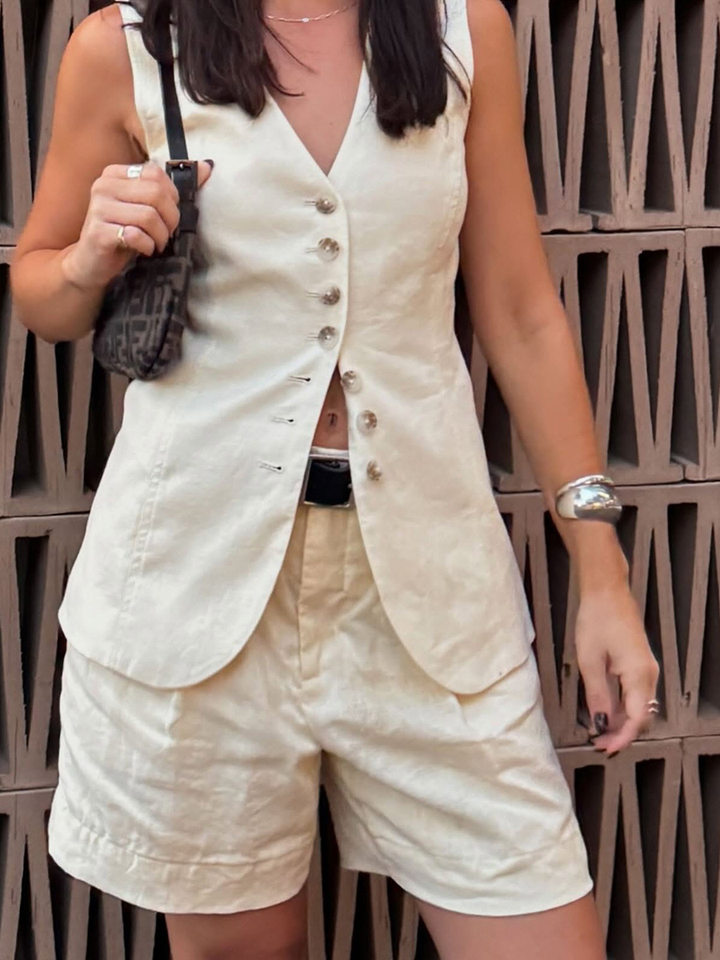 Bộ vest gile và quần short nữ chất liệu lanh cotton, áo khoét vai không tay, kiểu công sở — Màu mơ, Màu nâu đậm, Màu trắng, Màu xanh nước biển chi tiết 32