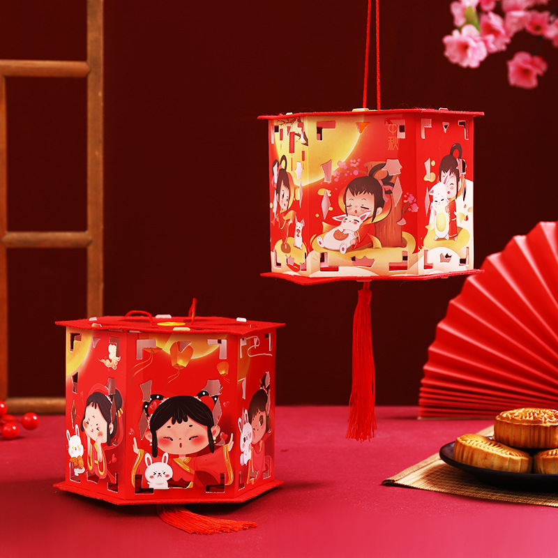 Festival del medio otoño linterna proyección linterna papel fieltro tela hecha a mano DIY material de producción niños linterna portátil Palacio lámpara