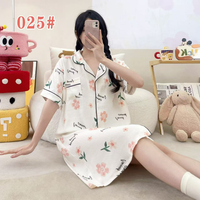 Pijama de verano de manga corta cardigan con solapa impresión de dibujos animados nubes de algodón dulce suelto medio largo vestido transfronterizo
