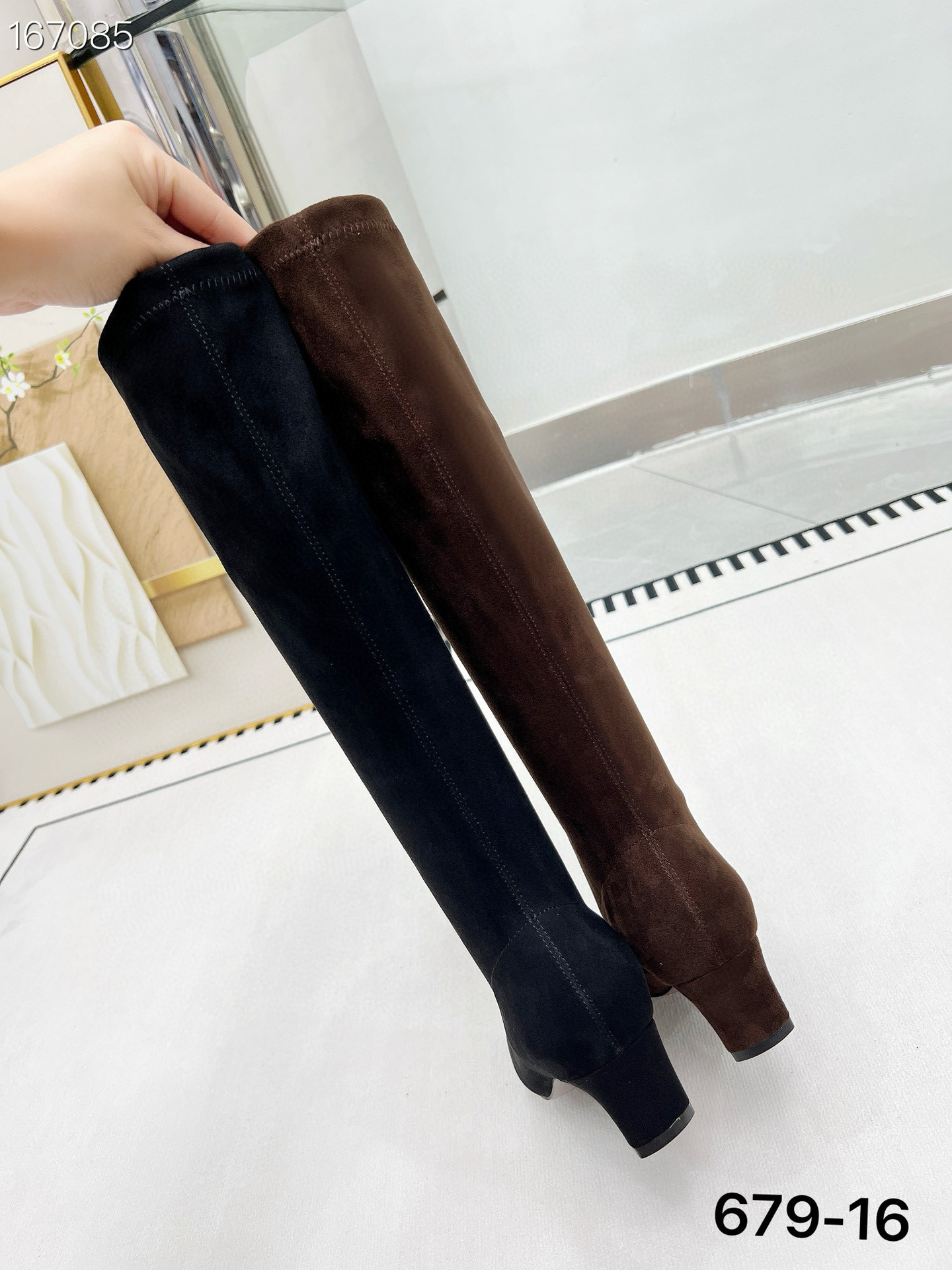 Boot nữ cổ cao ôm bắp chân da mờ mũi nhọn gót nhọn cao 2025 — Màu đen, Màu cà phê chi tiết 9
