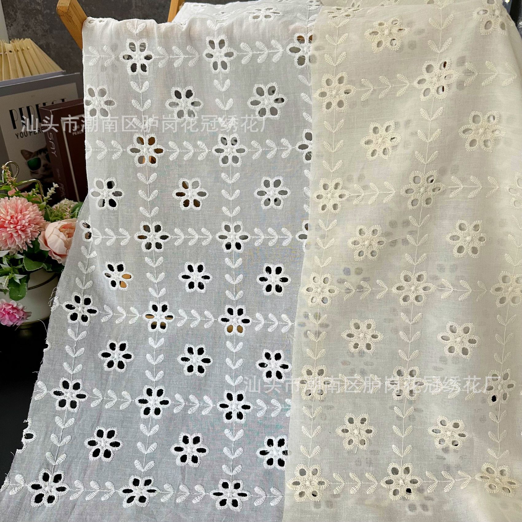 新款9088棉布镂空蕾丝绣花面料 服装衬衫桌布全棉打孔水溶电绣布