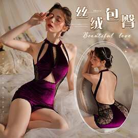 芝士蜜韵性感内衣纯欲蕾丝拼接丝绒气质显瘦紫色韵味挂脖古典旗袍