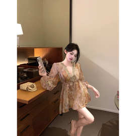 昕可达【花漾浅梦】古早印花 手工鎏金镶边长袖连衣裙女夏季裙子