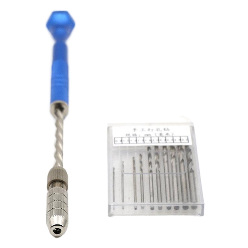 Modelo avión DIY azul alargado semiautomático mano giro taladro con 0,8-3,0mm taladro 10 unidades traje