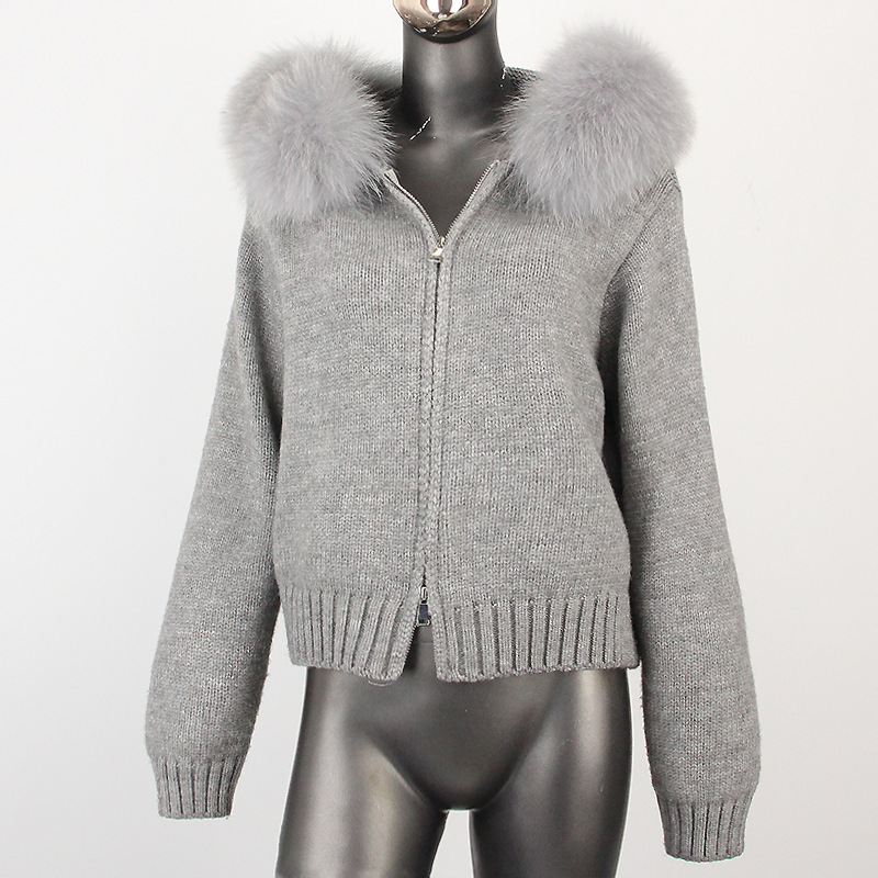 Women's Clothing Spot autumn and winter new casual hooded real fox fur collar fashionable all match knitted sweater outerwear fur coat women_voghion.com
