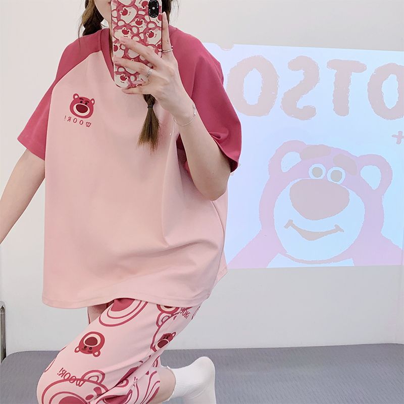 Pijamas con cojín de pecho para mujeres de verano nuevos pantalones de manga corta set de dibujos animados lindos de verano delgada ropa de hogar de tamaño grande