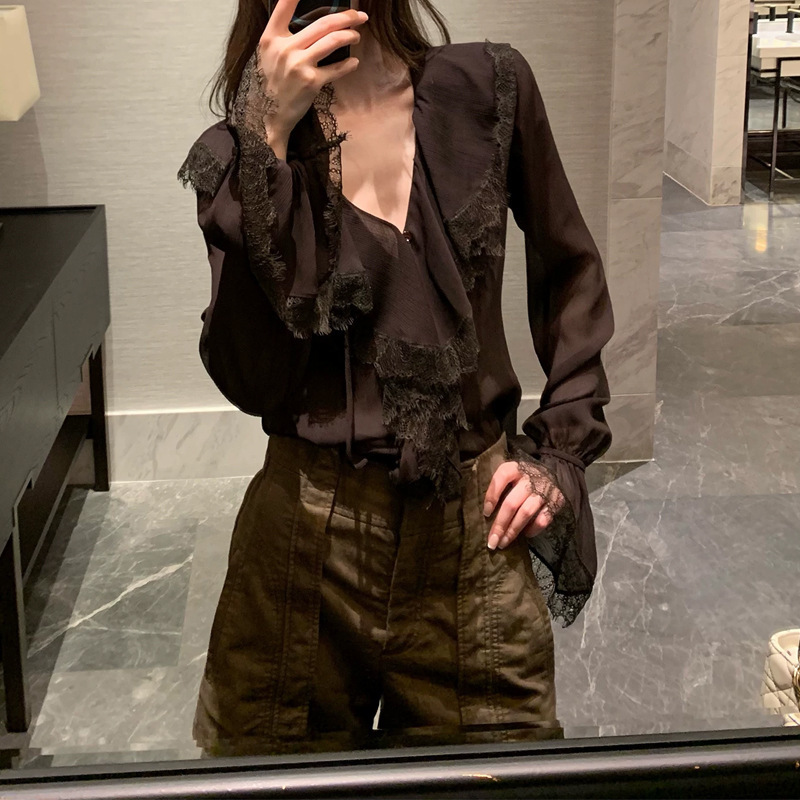 French Lace V-Neck Chiffon Shirt for Women in Spring and Summer, Textured Ruffled Shirt with Sexy and High-End Appeal French Lace V-Neck Chiffon Shirt for Women in Spring and Summer, Textured Ruffled Shirt with Sexy and High-End Appeal