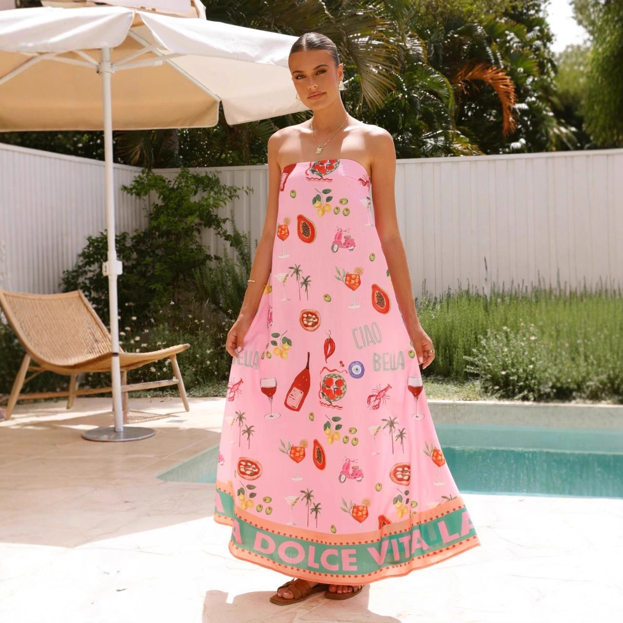 跨境欧美2025新速卖通亚马逊独立站气质休闲亚麻度假风抹胸连衣裙