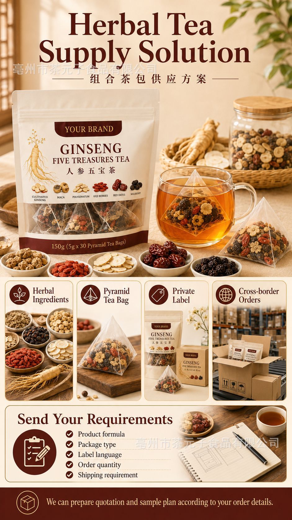Ginseng Five Treasure Tea Ren Shen Wu Bao Cha 30 Bags 150g Cold Brewed Herbal Blend with Goji Mulberry Maca in use