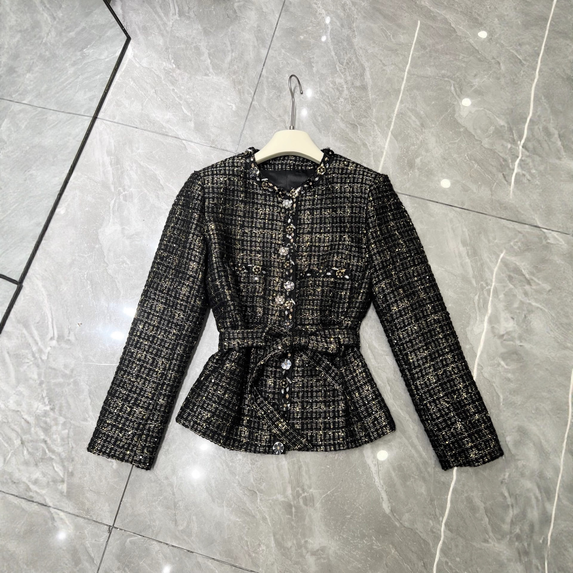 2025 New Autumn and Winter Black Gold Tweed Short Jacket with Waist Tie and Beaded Ladylike Elegant Jacket