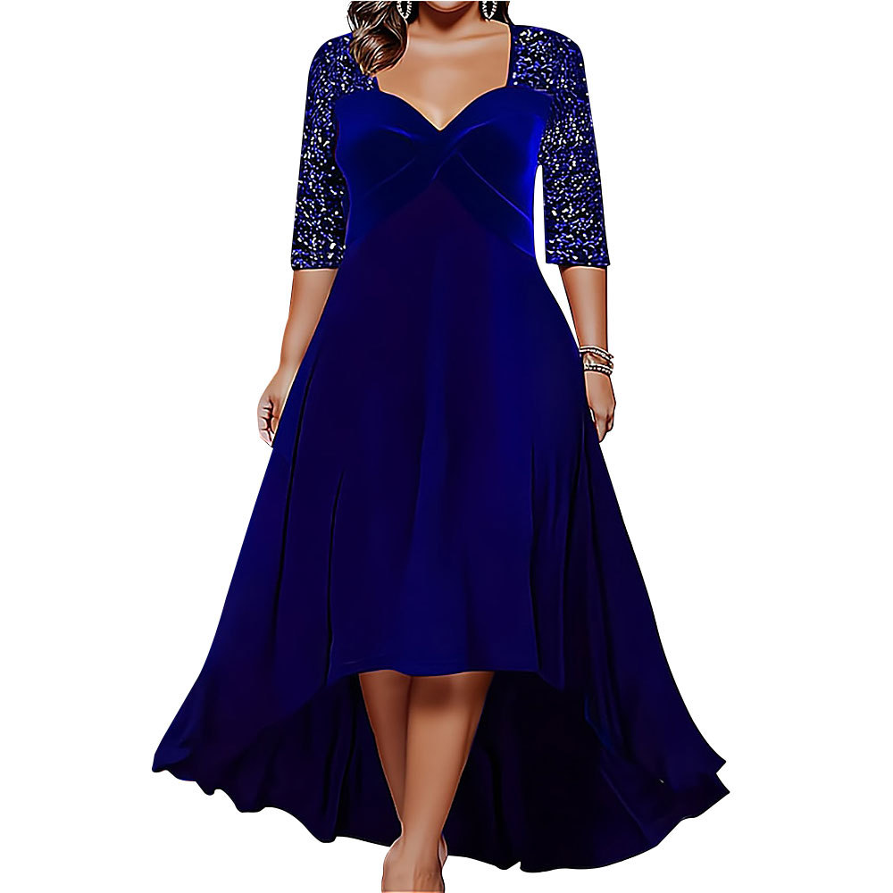 Cross-Border New European And American Style Solid Color V-Neck Sleeve Sequin Flared 2023 Autumn Winter Plus Size_ecoleips.com