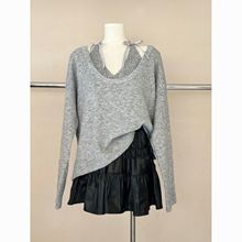 韩国东大门秋时尚懒惰风蝴蝶结系带背心针织衫毛衣两件套