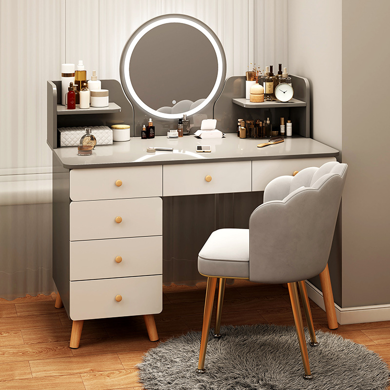 Minimalist Modern Small House Style High-End Sense Light Luxury Vanity Dresser with Makeup Table and Bookshelf Integrated Makeup Vanity Mirror