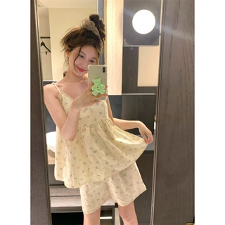 韩国ins甜美小碎花蝴蝶结吊带少女带胸垫家居服睡衣套装