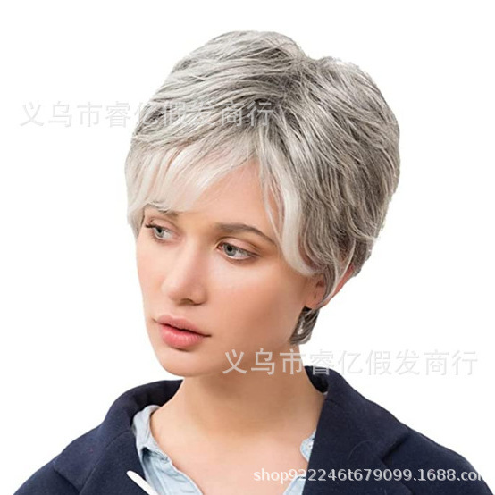 2022 independent website New European and American short hair oblique bangs mixed color gray micro curl short hair middle-aged wig wholesale