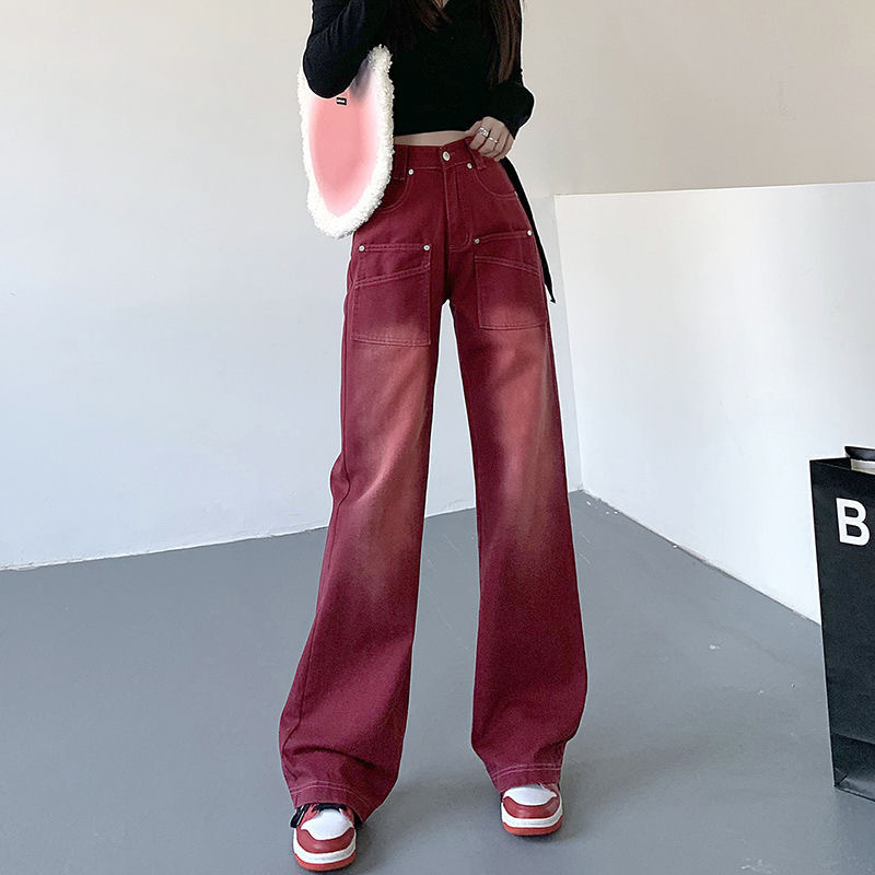 American Style Retro Red Jeans Straight Loose Ins Trendy Design Hot Girl High Waist Slimming Wide Leg Trousers for Women American Style Retro Red Jeans Straight Loose Ins Trendy Design Hot Girl High Waist Slimming Wide Leg Trousers for Women