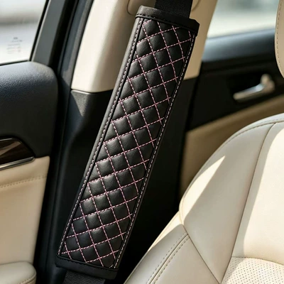 Shoulder Strap Protector Sports — Seat belt shoulder pad - black-leather-pink-thread-diamond-quilted-shoulder-pads-23715cm