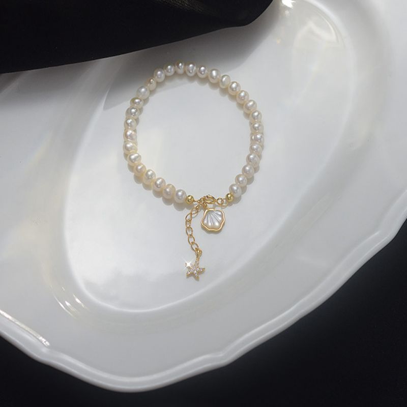 女性用バロック淡水パールブレスレット、淡水貝殻とヒトデ、女の子用ファッションアクセサリー、親友、インターネットセレブのハンドアクセサリー|undefined