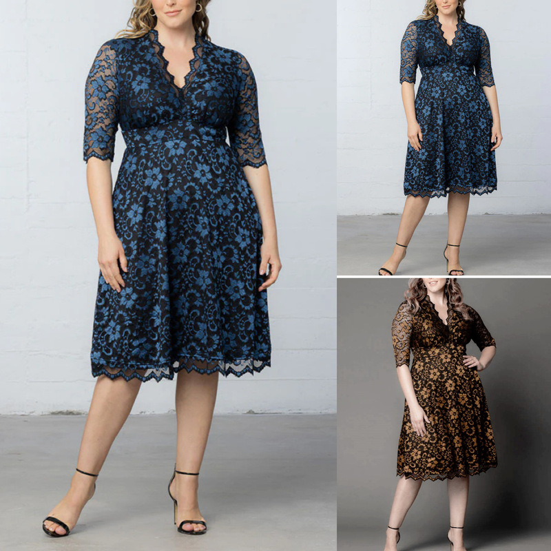 New Amazon Women's Plus Size Lace Dress V-Neck Slimming Waist Three-Quarter Sleeve French Mid-Length A-Line