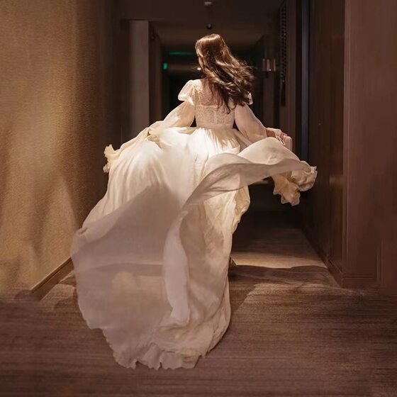 2024 New Sleeping Beauty Chiffon Summer Women's Holiday Dress Regular Beige Morning Gown Trailing Wedding Photo F912