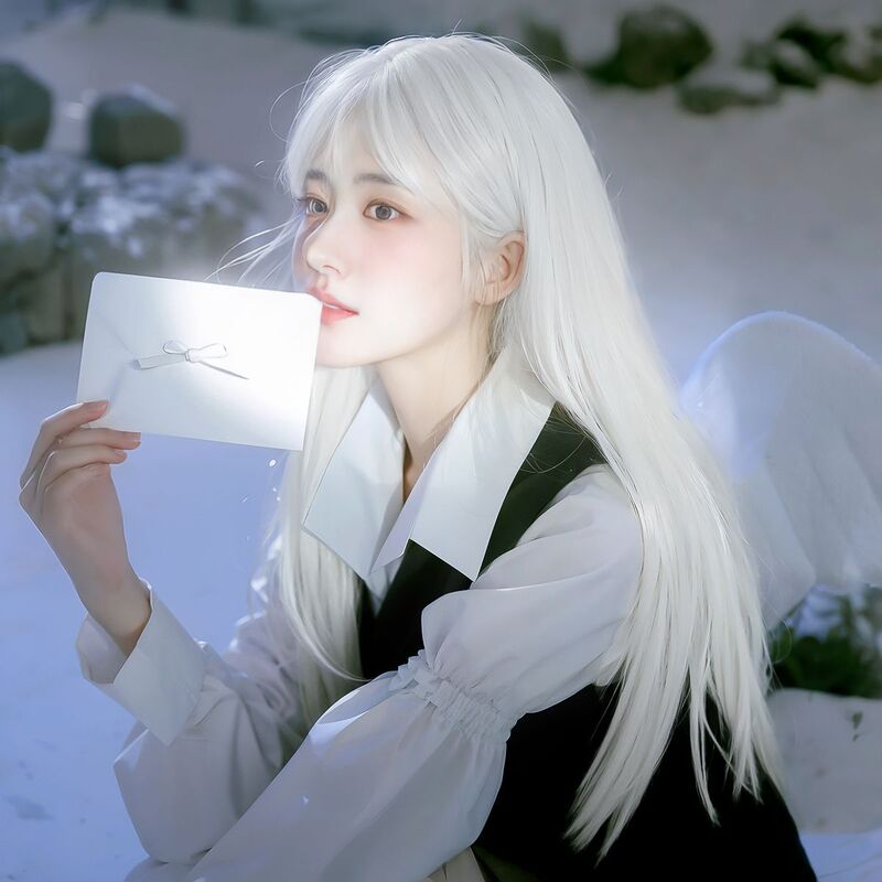 Ruolan Wig Women's White Long Straight Hair Girl's Universal c-os Secondary Animation Lolita Full Head Cover Long Straight Hair