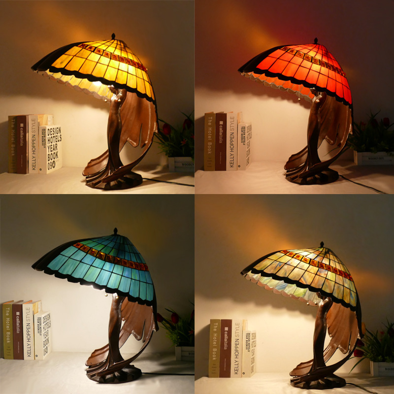 Factory direct creative Tiffany European retro ladies large table lamp living room lamp color glass antique collection