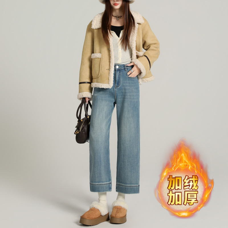 Autumn and Winter New Elastic Straight-Leg Jeans for Women, Fleece-Lined, Thickened, High-Waisted, Versatile, Petite, Cropped Cigarette Granny Pants