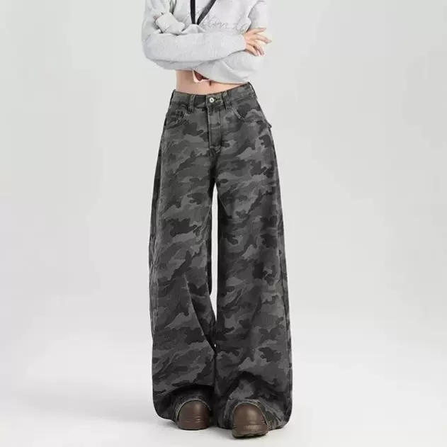 【店铺热销】大码女装美式复古迷彩工装牛仔裤女春夏胖mm慵懒松弛
