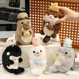 可愛海洋動物拉線轉轉海豹鯨魚海獺水獺毛絨公仔掛件抓機娃娃禮品