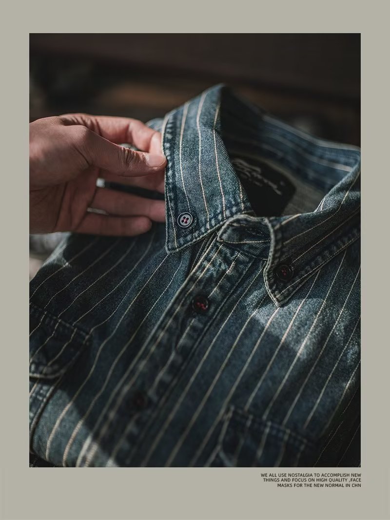 Herren Denim Hemd Japanischer Retro Style Langarm Gestreift_voghion.com