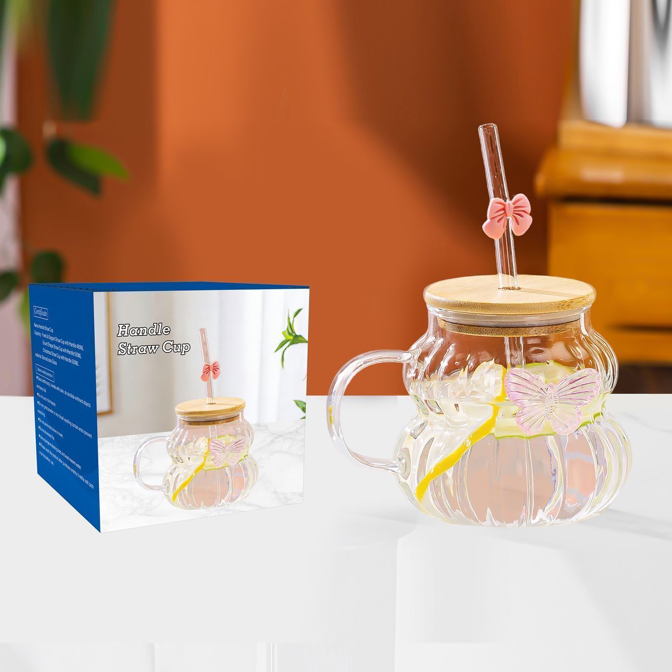 Taza de café de alto valor facial de vidrio transparente con mango de vidrio de alto silicio, taza de paja de hielo de bebidas americanas gordo
