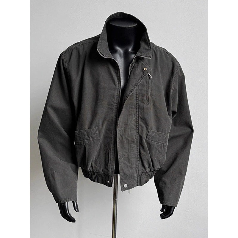 American Retro Heavyweight Stand-Up Collar Bomber Jacket Men's Spring and Autum Cleanfit Barn Style Work Jacket Trendy