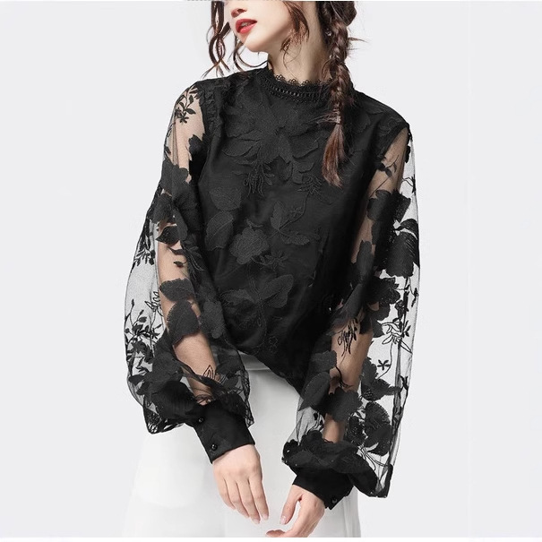 New European and American Export Women's Clothing Amazon Lace Puff Sleeves Transparent Round Neck Solid Color Tops and Shirts