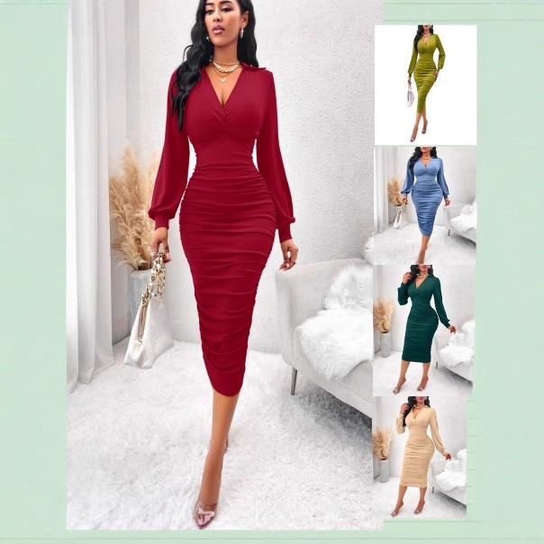 European and American Amazon Wish Aliexpress Autum V Neck Hip Lantern Sleeve Mid-Length Dress Women's Clothing