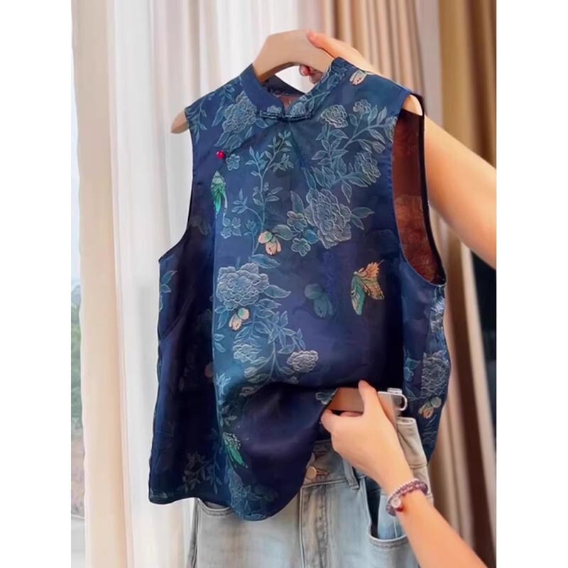 New Chinese Style National Style Retro Blue Vest Women's 2025 Summer Western Style High-end Zen Style Old Money Style Vest Shirt