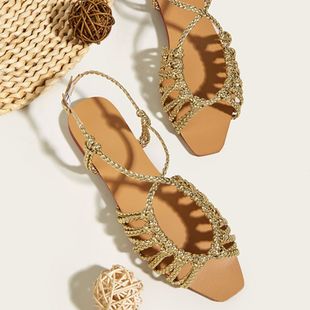 Cross-border plus size women's shoes 2023 Summer new fixed buckle flat sandals fashion all-match square toe women's sandals