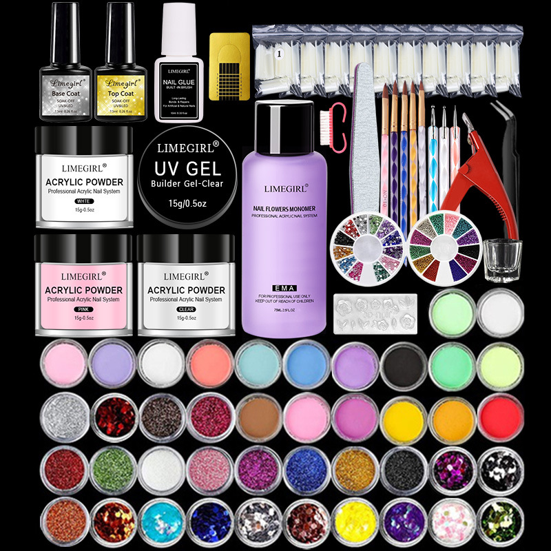 Set de Práctica de Uñas Francesas de Amazon, Polvo de Cristal, Líquido Cristalino, Blanco, 42 Colores, Capa Base, Capa Superior