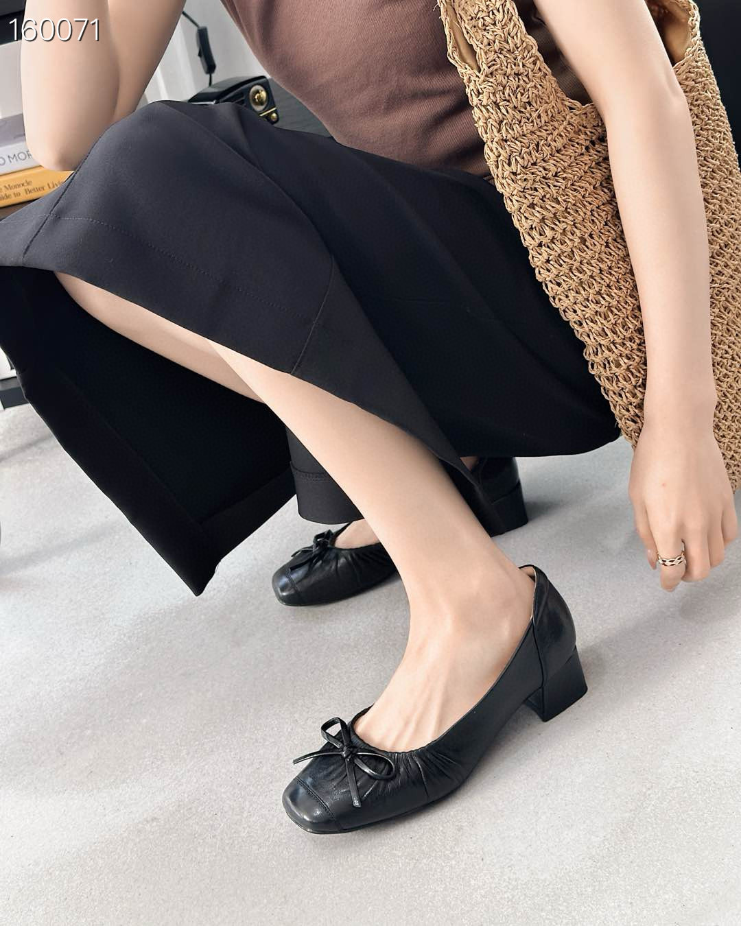 Giày búp bê nữ da cừu mũi tròn miệng nông nơ bướm gót vừa — Màu nâu, Màu đen chi tiết 4