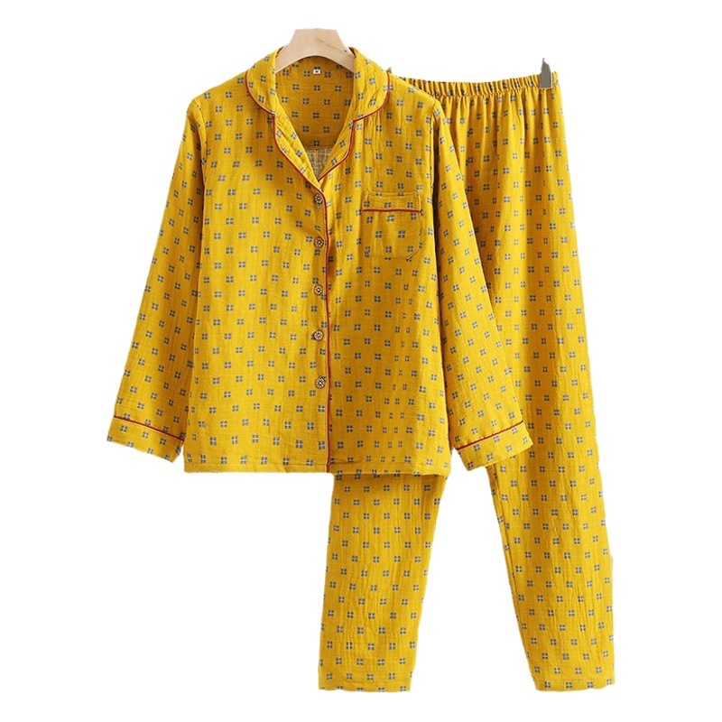 Nuevo algodón puro de doble capa de hilo pijamas ropa para el hogar pantalones de manga larga de las mujeres algodón jacquard transpirable suave ropa para el hogar traje