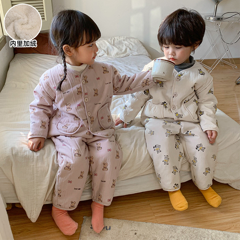 Children's Pajamas Autumn and Winter Thickened Boys' and Babies' Plush Suits 2023 New Little Boys and Girls' Home Clothes