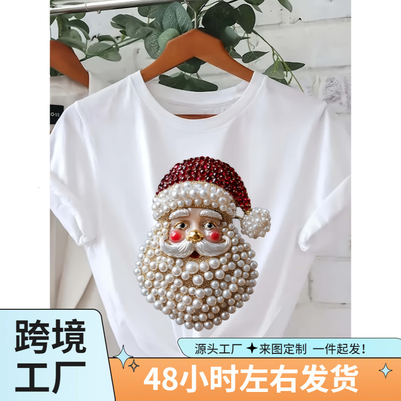Santa Claus pattern printed T-shirt, short sleeve round neck casual top, suitable for summer and spring, women's clothing Santa Claus pattern printed T-shirt, short sleeve round neck casual top, suitable for summer and spring, women's clothing