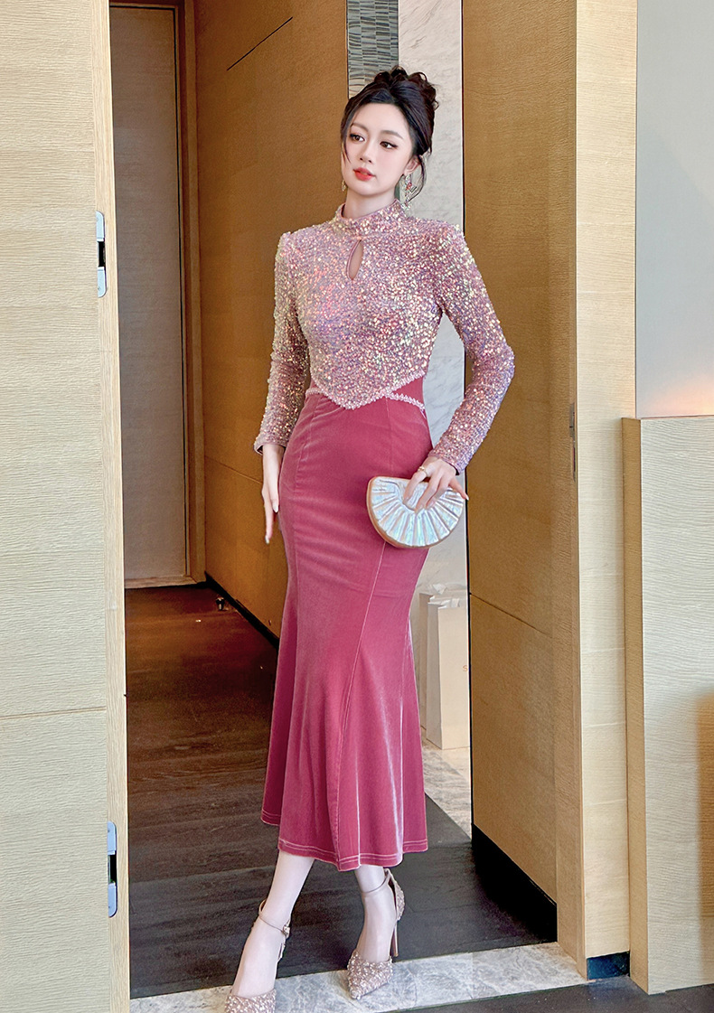 Đầm dài đuôi cá cổ tròn tay ngắn sequin nhung dự tiệc — màu hồng chi tiết 5