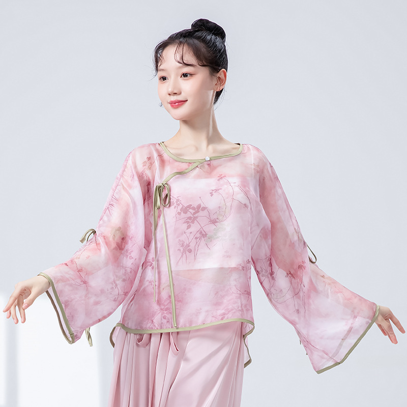 新中国風古典舞踊衣装 女性用 新作 梅の花模様の絞り染めガーゼ衣 エレガントな中国風 シンプルで爽やかな舞台衣装 練習着|undefined