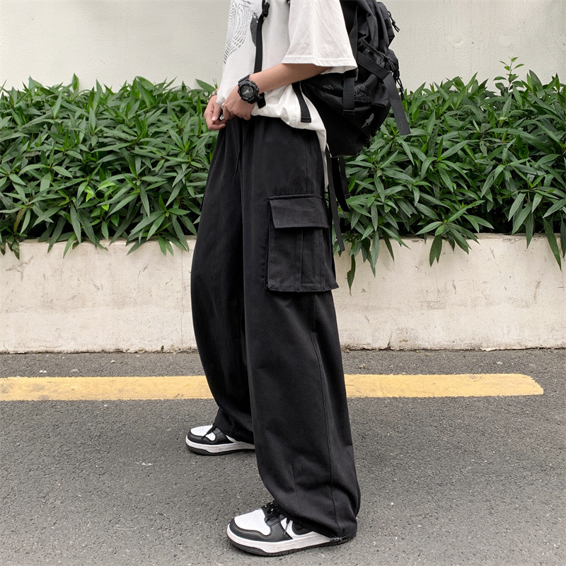 Pu Shuai retro multi-Bolsillo overoles rectos de primavera y otoño de los hombres hip hop de la calle suelta casual pantalones de trapeador de pierna ancha