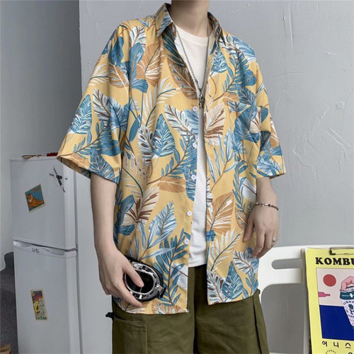 Summer Padded Trend Floral Shirt for Men and Women, Couple's Hawaii Home Loose Style Hooded Short Sleeve Youth Trend Shirt